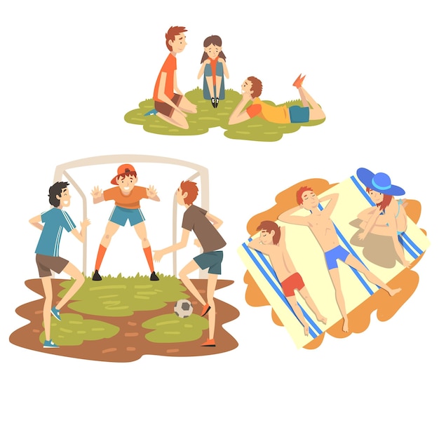 Vector gente disfrutando de las vacaciones de verano set chicos felices jugando al fútbol en el campo deportivo familia tomando el sol en la playa chicos descansando en la hierba ilustración vectorial en fondo blanco