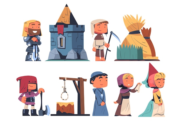 Gente de la Edad Media con caballero jefe campesino y sacerdote Vector Set