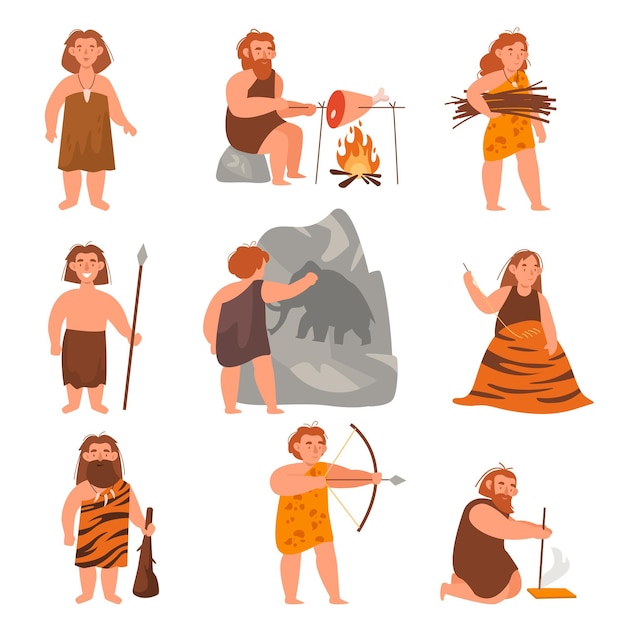 Gente de la edad de piedra antiguos hombres y mujeres lindos cocinan cosen ropa de pieles cazan producen fuego de manera primitiva tribu familiar cavernícola personajes de tiempo prehistórico vector dibujos animados conjunto aislado plano