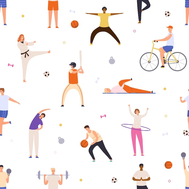 La gente ejercita patrones sin fisuras. El hombre y la mujer activos hacen yoga, deporte, andan en bicicleta y juegan baloncesto. Impresión vectorial plana estilo de vida saludable. Personajes haciendo karate, jugando béisbol y fútbol.