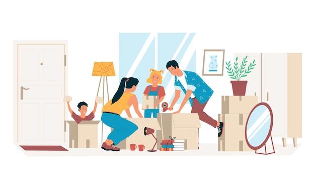 Vector gente empacando cajas familia mudándose a una nueva casa o departamento padres e hijos reubicándose pareja con niños saliendo de casa los personajes vectoriales ponen muebles y cosas en paquetes