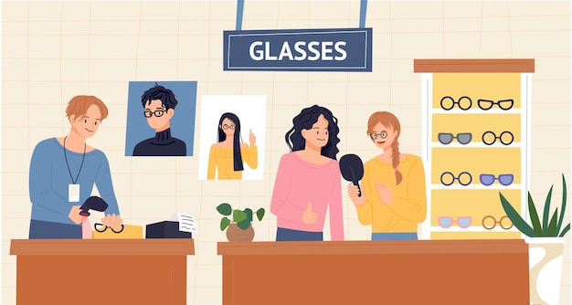 La gente y el empleado eligiendo gafas en una tienda de ópticos