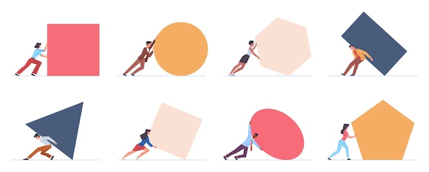 Gente empujando grandes formas Pequeños hombres y mujeres empujan diferentes piezas Metáfora de negocios Trabajo duro y difícil Perseverancia y superación Personas aisladas mueven figuras geométricas brillantes conjunto de vectores