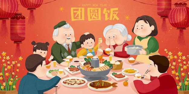 Gente encantadora disfrutando de una deliciosa cena de reunión sobre fondo rojo con una cena anual escrita en palabras chinas