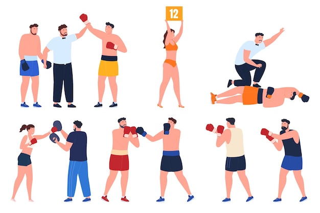 La gente entrena en el gimnasio para boxear. Los boxeadores compiten entre sí en el ring Fight club para entrenar un cuerpo sano y fuerte. Ilustración vectorial.
