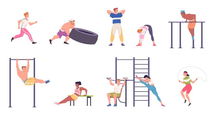 Vector gente entrenamiento en la calle atletas ejercicio al aire libre gimnasio parque natural hombre tirar de neumáticos ejercicios físicos con banco bar mujer fitness fuera de gimnasia deporte ilustración vectorial elegante