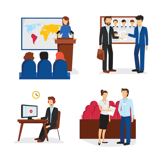 Gente de equipo de negocios corporativos de diseño plano fresco de pie y sentado detrás del escritorio Trabajadores de oficina