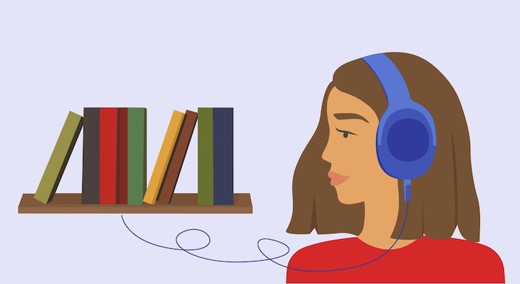 Vector la gente escucha el sonido en los auriculares, la aplicación de podcast en el teléfono inteligente, el podcaster, el audiolibro