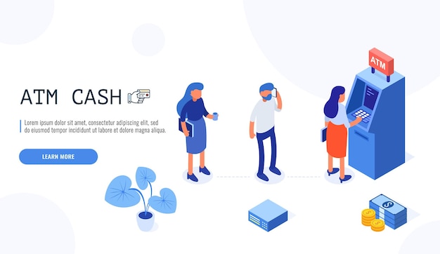 Gente esperando en línea cerca de un cajero automático. Ilustración con llamada a la acción para plantilla web.