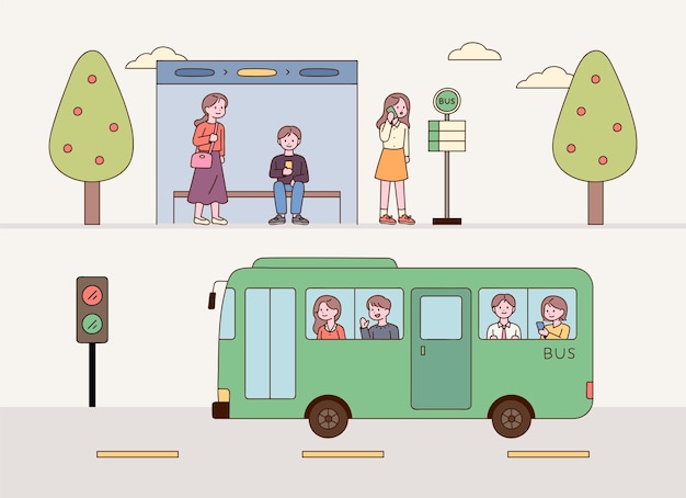 Gente esperando en la parada de autobús pasajeros en el autobús.