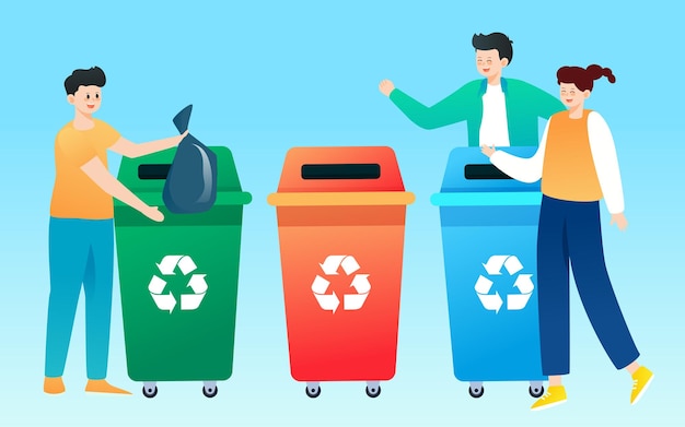 La gente está clasificando basura con varias plantas y edificios en la ilustración de vector de fondo
