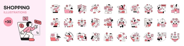 La gente está comprando Comercio electrónico en línea Ilustración de personaje lindo en un mega conjunto de estilo de contorno simple