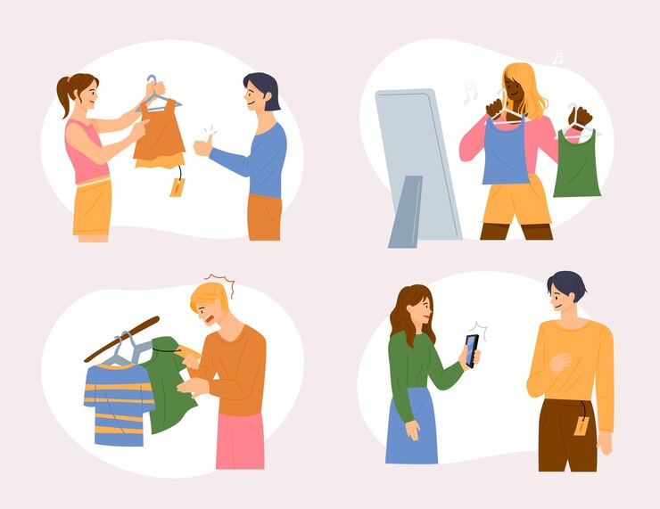 Vector la gente está comprando en una tienda de ropa con sus amigos.