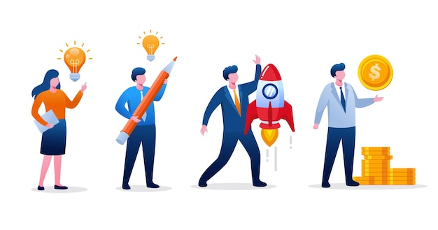 La gente está construyendo el concepto de puesta en marcha. Trabajo en equipo y desarrollo empresarial. Ilustración vectorial plana