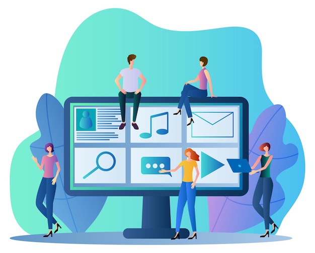 La gente está desarrollando aplicacionesPersonas y un monitor grandeIlustración vectorial plana