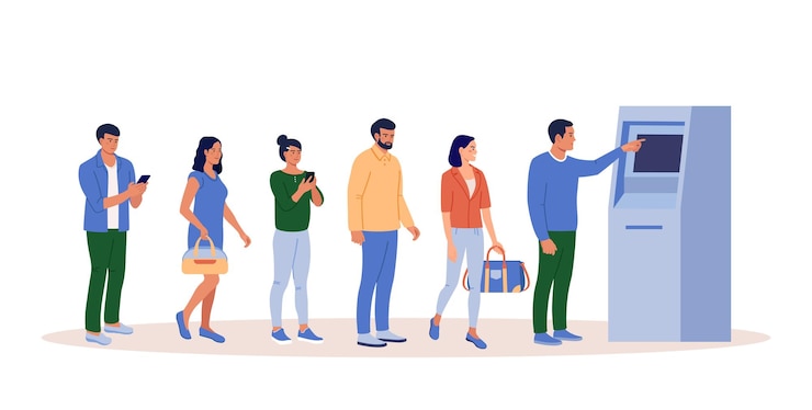 Vector la gente está esperando en la fila cerca del cajero automático para retirar dinero la mujer y el hombre de negocios están parados en la cola los personajes realizan transacciones financieras usando la terminal del cajero automático con prisa