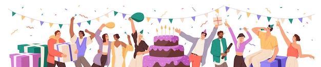 La gente está en la fiesta de cumpleaños pancarta amigos felices celebran el aniversario abrazo por la alegría felicitación de vacaciones con regalos de pastel festivo globos de confeti ilustración vectorial aislado plano en blanco