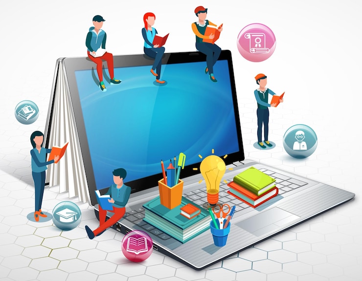 Vector la gente está leyendo libros sentados en una computadora portátil. concepto de educación en línea. ilustración vectorial