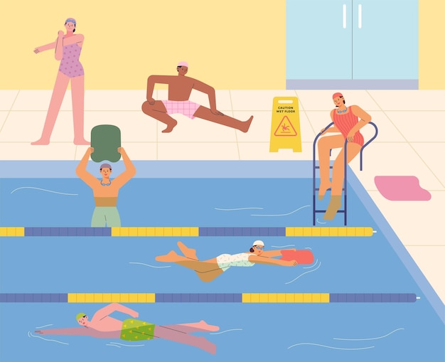 La gente está nadando en una piscina cubierta. ilustración vectorial de estilo de diseño plano.