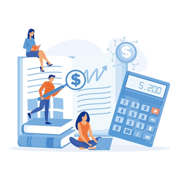 La gente estudia educación financiera y contabilidad para aumentar la conciencia empresarial, ilustración moderna de vector plano
