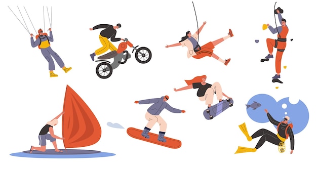 Gente extrema Diferentes deportes peligrosos Adrenalina corriendo Chicos y chicas atletas Escalada y snowboard Motociclismo carrera Windsurf o buceo Vector actividades arriesgadas conjunto