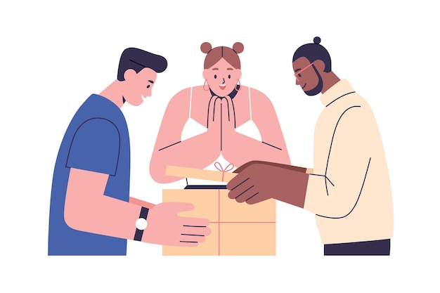 Gente feliz abriendo caja de regalo juntos. Hombres y mujeres emocionados con el paquete presente en las manos. Persona que recibe sorpresa de cumpleaños y regocijo. Ilustración de vector plano aislado sobre fondo blanco