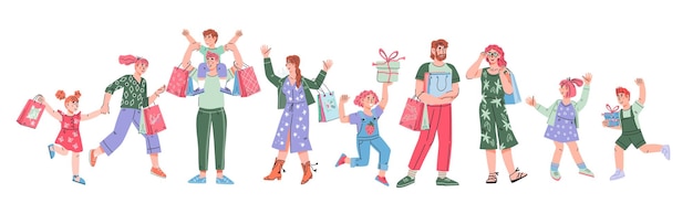 Gente feliz adultos y niños yendo de compras Compradores o clientes compradores