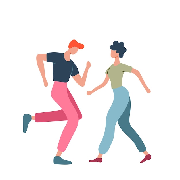 Gente feliz bailando bailarines masculinos y femeninos aislados sobre un fondo blanco ilustración vectorial en estilo de dibujos animados planos