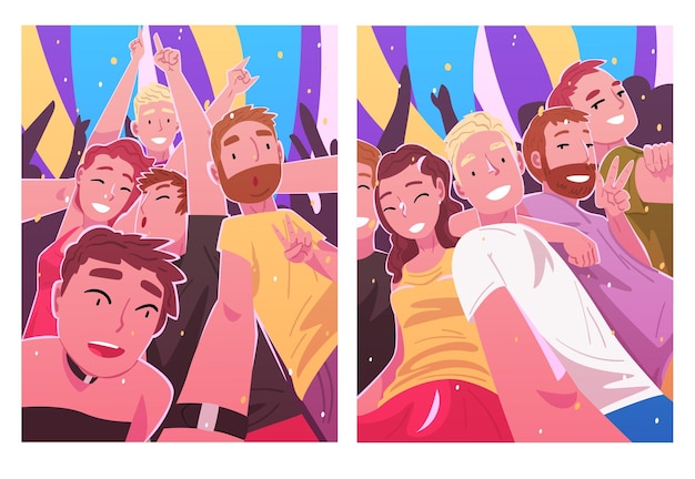 Gente feliz bailando y tomando selfies Hombres y mujeres divirtiéndose en un club nocturno de fiesta o festival de música Ilustración vectorial