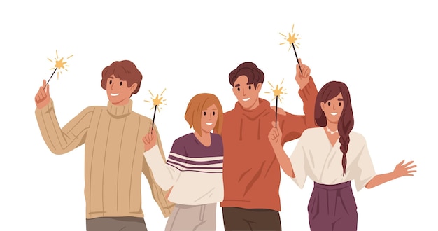 Gente feliz con bengalas navideñas en las manos. Retrato de amigos sosteniendo palos de fuegos artificiales en llamas con luces brillantes, celebrando la Navidad. Ilustración de vector plano aislado sobre fondo blanco