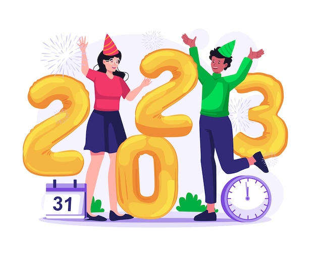 La gente feliz celebra el año nuevo 2023 con números de globos 2023 e ilustración de fuegos artificiales