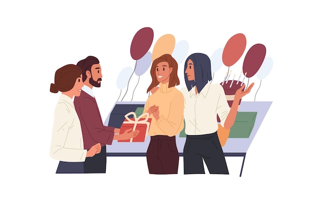 Gente feliz celebrando el cumpleaños de un colega en la fiesta de la oficina corporativa con globos y pastel. Equipo de trabajadores presentando regalo a mujer. Ilustración de vector plano coloreado aislado sobre fondo blanco.