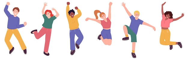 gente feliz celebrando el escenario saltando y riendo hombres y mujeres emociones felices