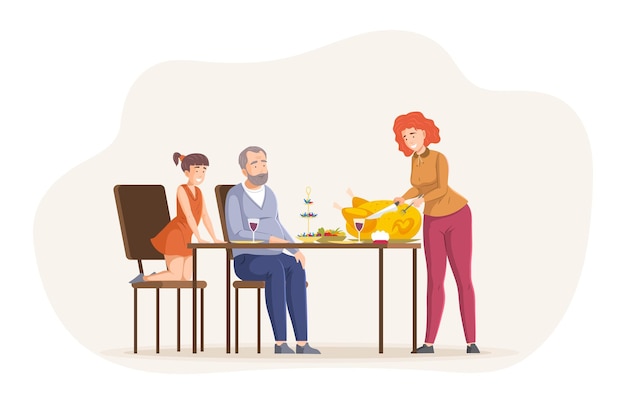 Gente feliz celebrando la Navidad o el Día de Acción de Gracias con una mesa festiva