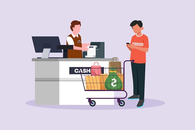Gente feliz comprando en el centro comercial Concepto de compras Ilustración vectorial plana de colores aislada