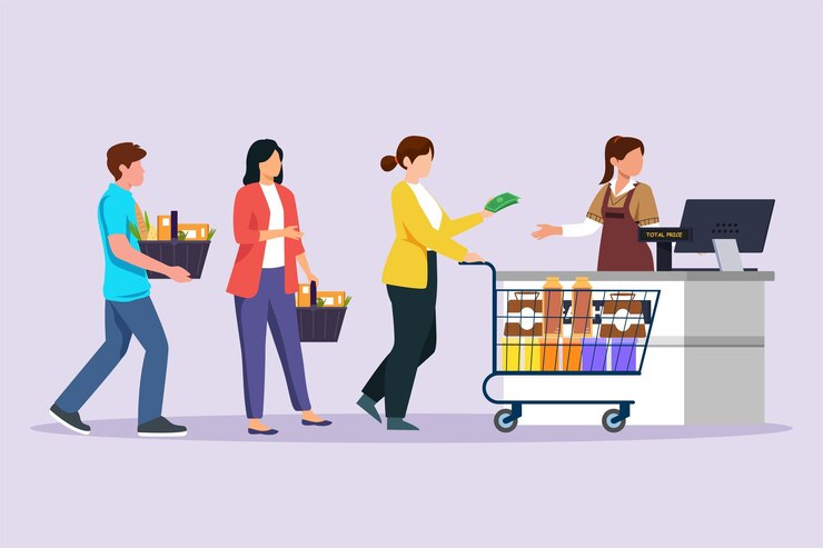 Vector gente feliz comprando en el centro comercial concepto de compras ilustración vectorial plana de colores aislada