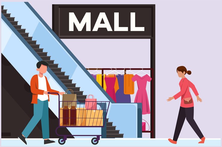 Vector gente feliz comprando en el centro comercial concepto de compras ilustración vectorial plana de colores aislada