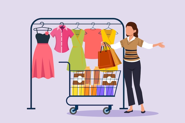 Vector gente feliz comprando en el centro comercial concepto de compras ilustración vectorial plana de colores aislada