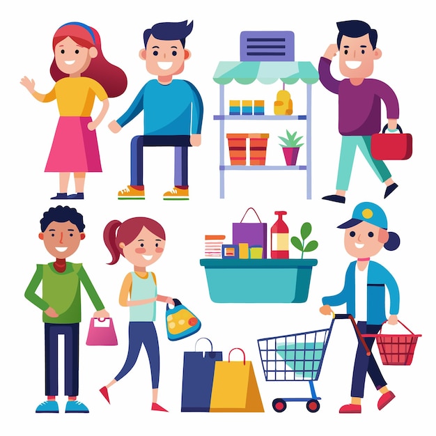 Gente feliz comprando en un mercado con comestibles y un carrito de compras