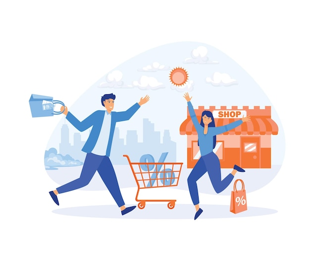 Gente feliz con descuentos en el carrito de compras y en las bolsas de compras Compras en línea Grandes ventas