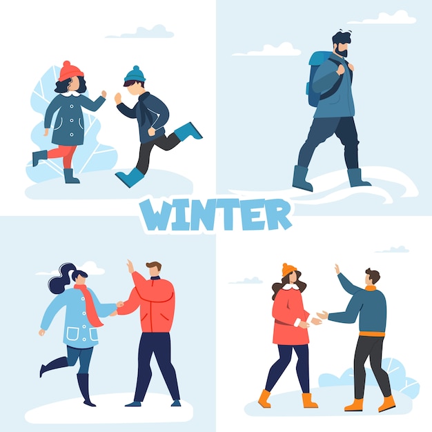 Gente feliz disfruta de diversión de invierno recreación plana Set