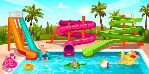 La gente feliz disfruta del parque acuático Piscina de verano paisaje del parque acuático Actividad familiar Los padres nadan toboganes de agua rectos torcidos los niños juegan nadar círculo inflable animal Ilustración vectorial