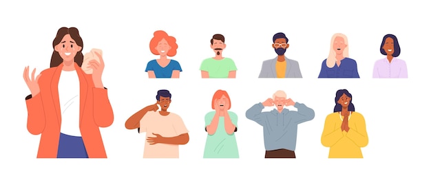 Gente feliz e infeliz personajes de dibujos animados con hombre sonriente y llorando mujer aislada