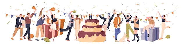 Gente feliz en la fiesta de cumpleaños amigos regocijándose en el evento de celebración de aniversario con regalo de pastel y confeti concepto de celebración y felicitación ilustración vectorial plana aislada en blanco