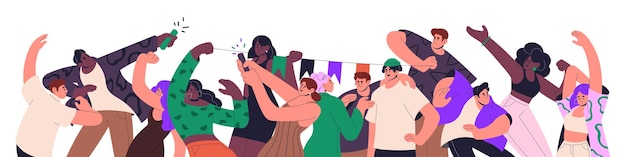 Gente feliz en la fiesta de vacaciones Grupo de amigos bailando regocijándose con diversión y alegría Los personajes jóvenes celebran el evento Diversos jóvenes emocionados Ilustración vectorial gráfica plana aislada en fondo blanco