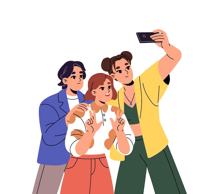 Vector gente feliz fotografiando juntos amigos sonriendo posando gestando con un signo de paz para tomar una foto selfie conjunta adolescentes se toman una foto con el teléfono ilustración vectorial aislada plana en blanco