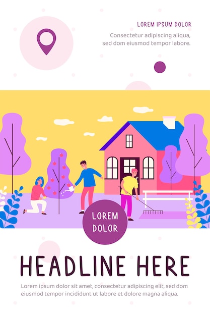 Gente feliz haciendo jardinería trabaja ilustración plana