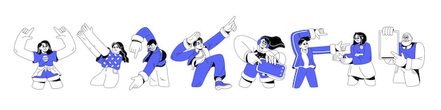 Gente feliz mostrando señalar con el dedo gesticulando con la mano presentando personajes de hombres y mujeres de Lineart que anuncian ilustraciones de vectores gráficos planos de Lineart aislados en fondo blanco