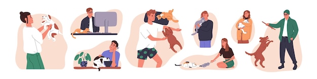 Gente feliz con perros y gatos Los dueños de mascotas establecen Vida de hombres y mujeres con animales domésticos lindos perritos y gatitos caminando y jugando Ilustraciones de vectores gráficos planos aisladas en fondo blanco