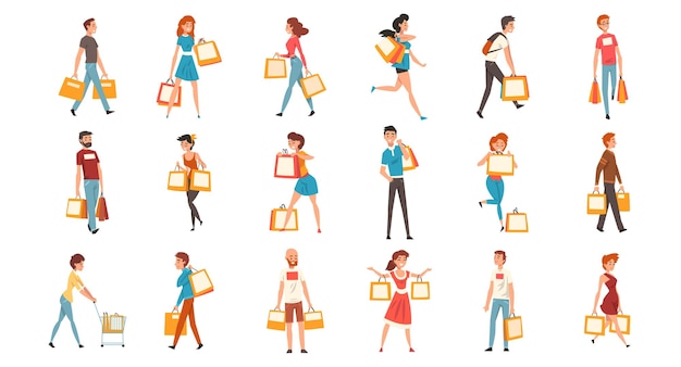 Gente feliz Personajes haciendo compras Cargando bolsas con compras Conjunto vectorial grande